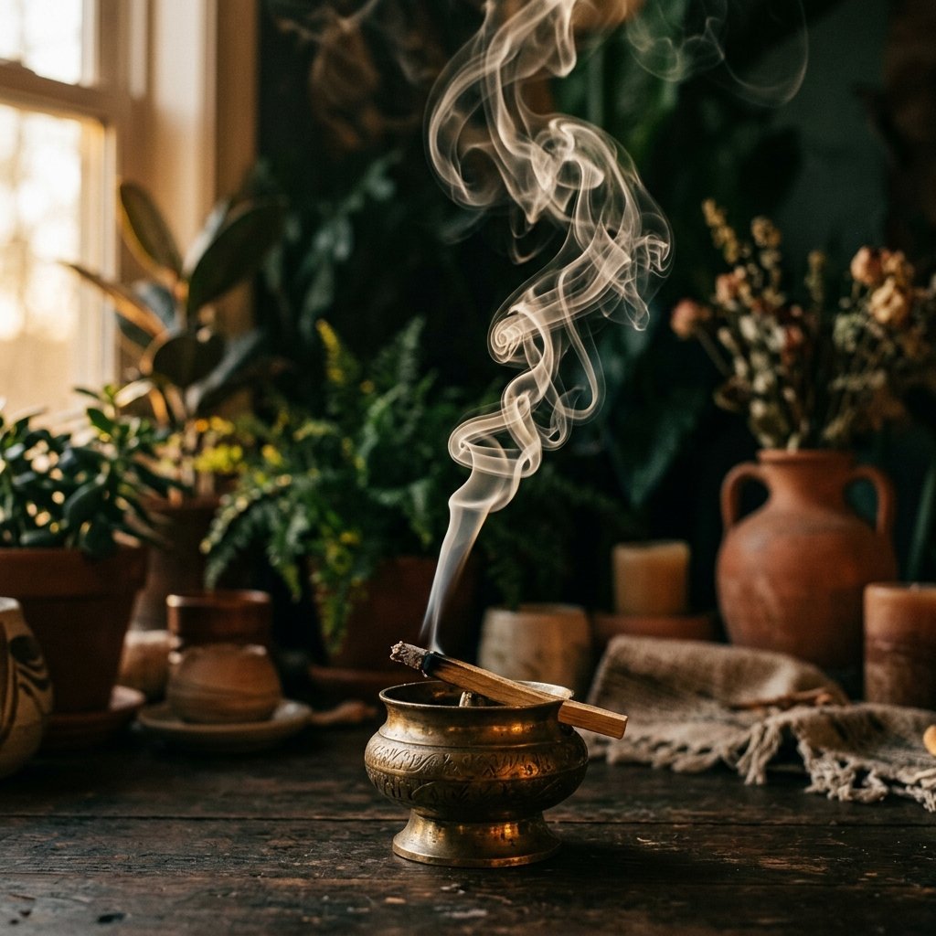 Aesthetic setup of handcrafted natural incense burning with elegant smoke