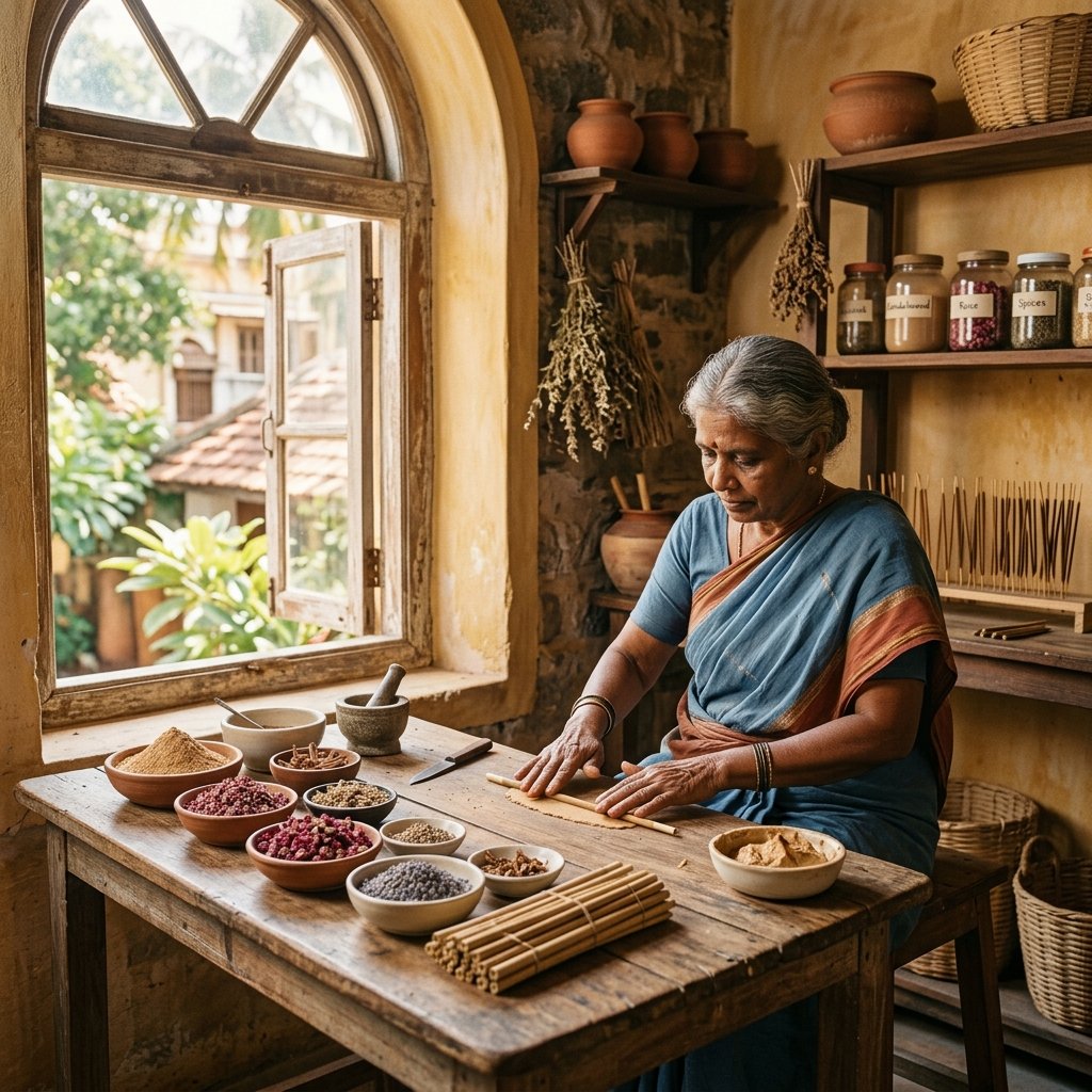 Incense maker rolling incense manually in a warm lit Pondicherry workshop
