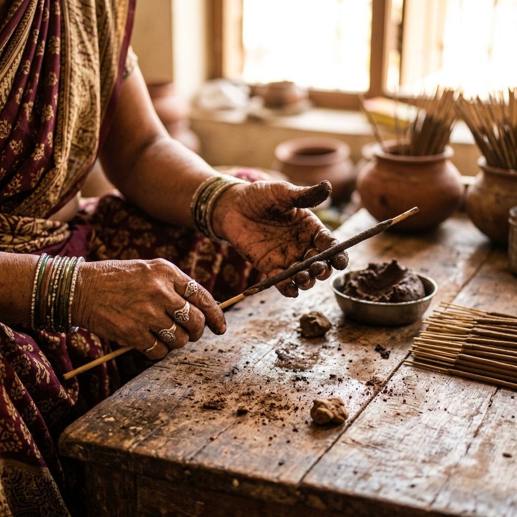 Artisans rolling incense paste by hand